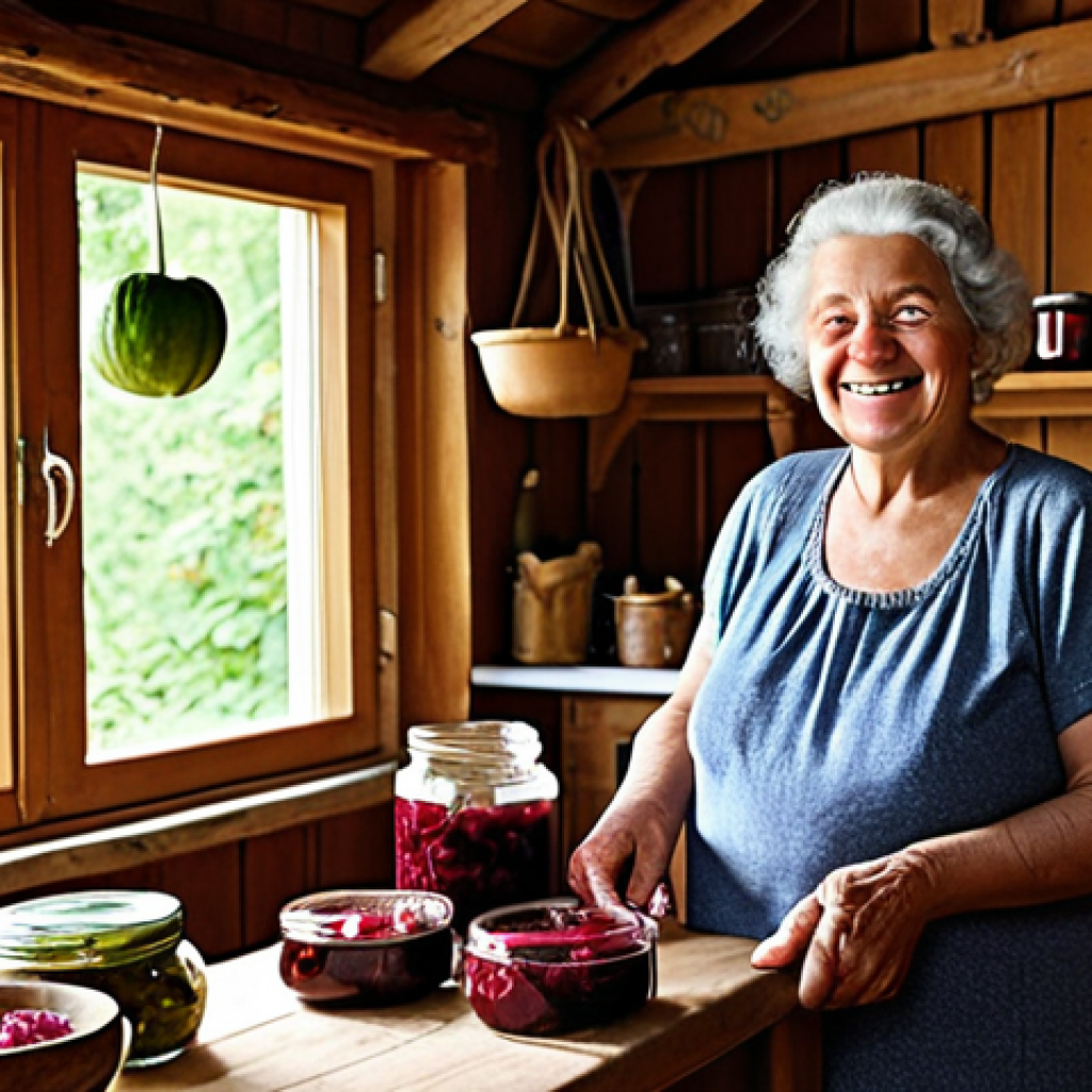 **

A cozy, sunlit Polish kitchen. A smiling grandmother figure stands next to a table laden with jars of pickled cucumbers, vibrant red beet kvass, and homemade fruit preserves. Dried herbs hang from the rafters. The scene evokes a sense of warmth, tradition, and resourceful home cooking. Focus on capturing the rustic details and the abundance of preserved foods.

**