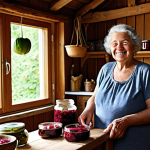 **

A cozy, sunlit Polish kitchen. A smiling grandmother figure stands next to a table laden with jars of pickled cucumbers, vibrant red beet kvass, and homemade fruit preserves. Dried herbs hang from the rafters. The scene evokes a sense of warmth, tradition, and resourceful home cooking. Focus on capturing the rustic details and the abundance of preserved foods.

**