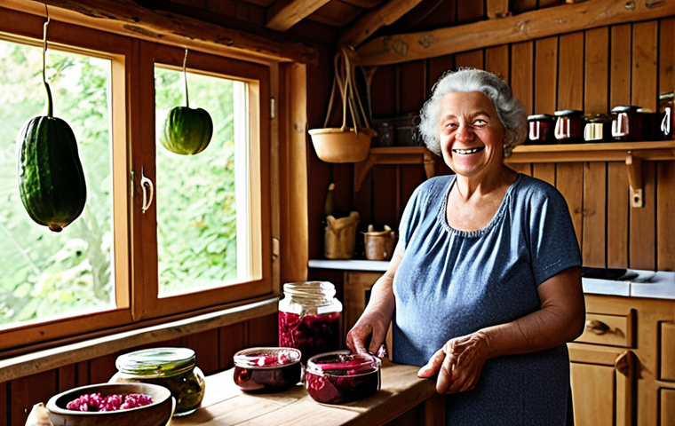 **
A cozy, sunlit Polish kitchen. A smiling grandmother figure stands next to a table laden with jars of pickled cucumbers, vibrant red beet kvass, and homemade fruit preserves. Dried herbs hang from the rafters. The scene evokes a sense of warmth, tradition, and resourceful home cooking. Focus on capturing the rustic details and the abundance of preserved foods.
**