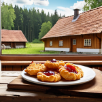 A rustic wooden table laden with Podlaskie bliny served with sour cream and homemade jam, alongside kartacze topped with crispy pork cracklings. In the background, a glimpse of a traditional wooden cottage. Capture the warm, inviting atmosphere of Polish hospitality and regional culinary traditions. Focus on natural light and textures.