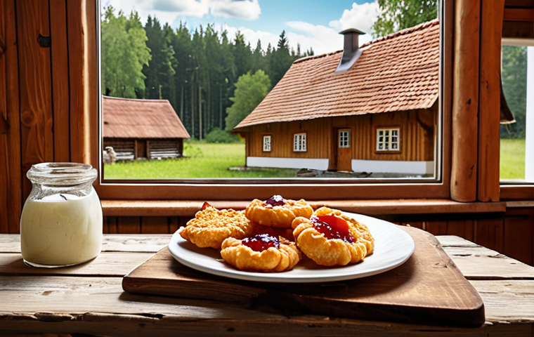 A rustic wooden table laden with Podlaskie bliny served with sour cream and homemade jam, alongside kartacze topped with crispy pork cracklings. In the background, a glimpse of a traditional wooden cottage. Capture the warm, inviting atmosphere of Polish hospitality and regional culinary traditions. Focus on natural light and textures.
